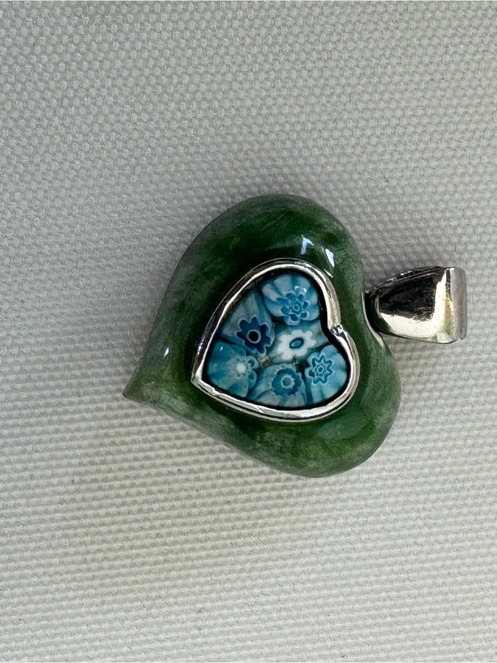 Alan K Murano Millefiori Green Heart Pendant with Blue Floral Inlay Necklace